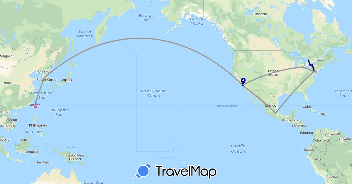 TravelMap itinerary: driving, plane, train in Canada, South Korea, Mexico, Taiwan, United States (Asia, North America)